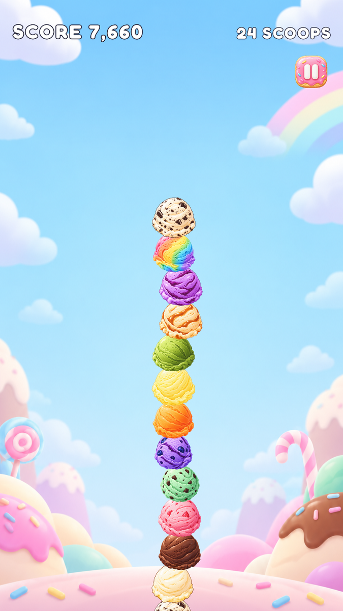 Ice Drop Balance プレイ画面（アイスを高く積み上げた様子）