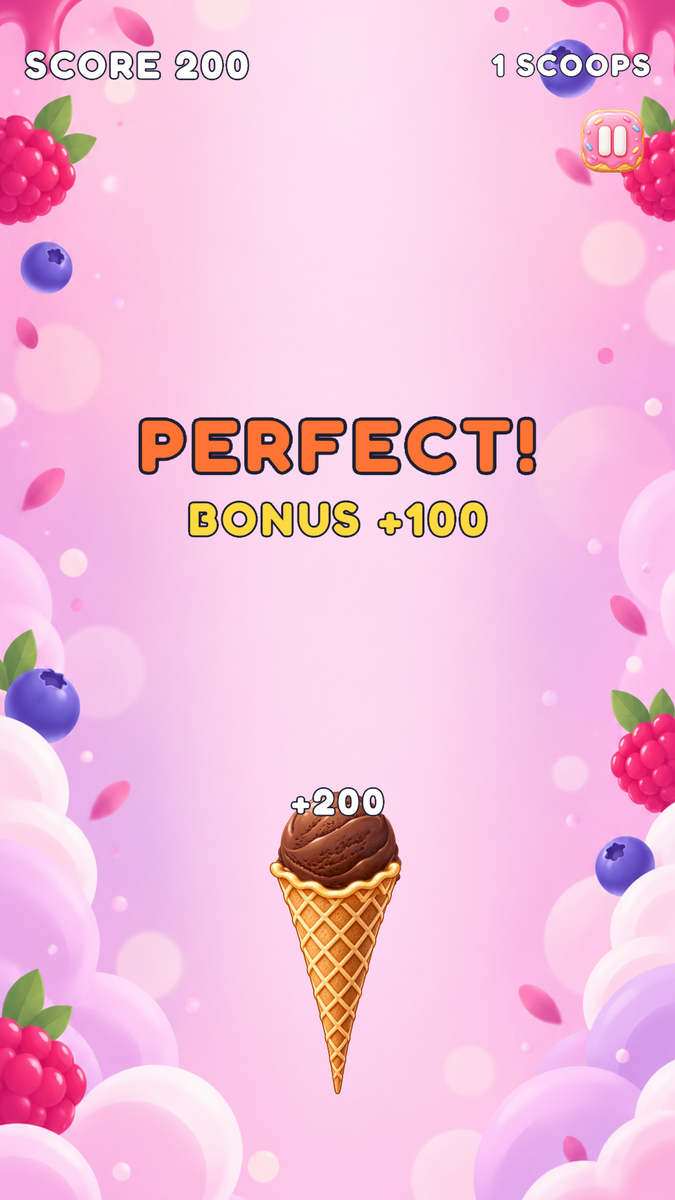 Ice Drop Balance プレイ画面（PERFECT! のボーナス表示）